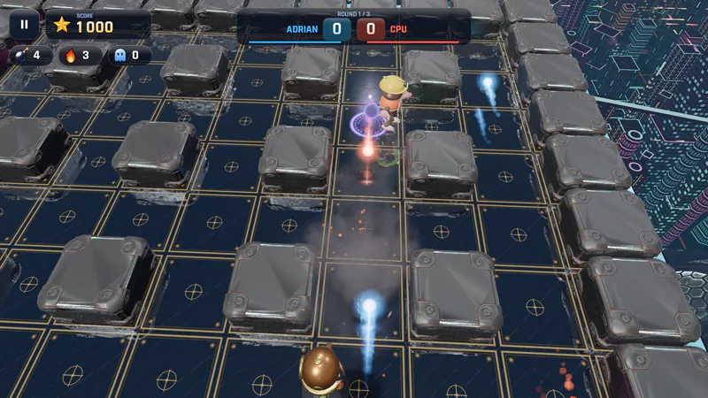 Plasma bolts fly toward each other down a long corridor as Diver and Mole shoot from opposite ends.